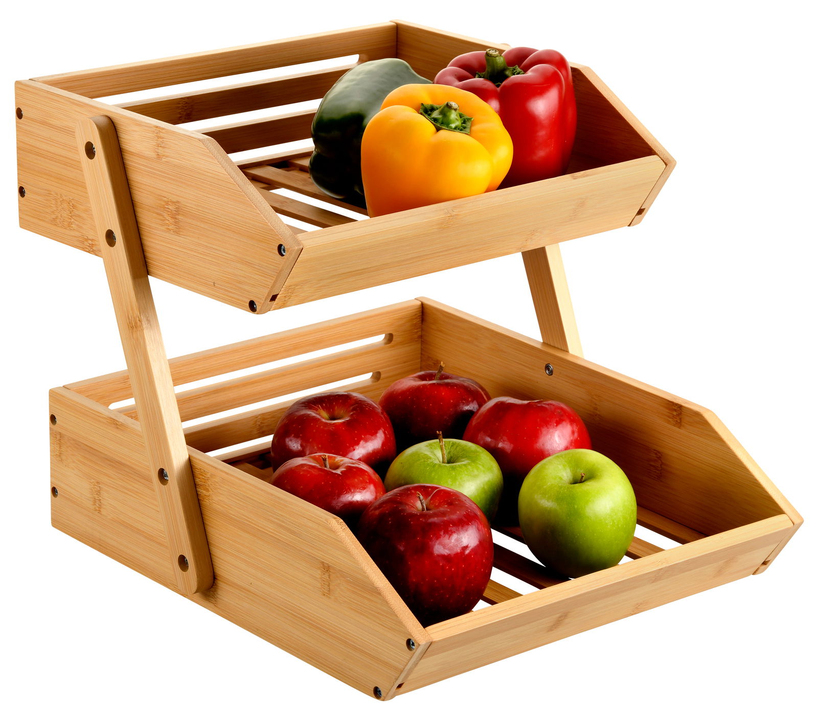 Regal aus Bambus mit zwei Stufen, gefüllt mit buntem Gemüse und Obst, seitliche Perspektive