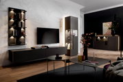 Moderne Wohnzimmer-Wandkombination mit dunklen Schränken, beleuchteten Regalen und einem großen Flachbildfernseher, aus der Perspektive eines gemütlichen Wohnzimmers mit stilvoller Dekoration.