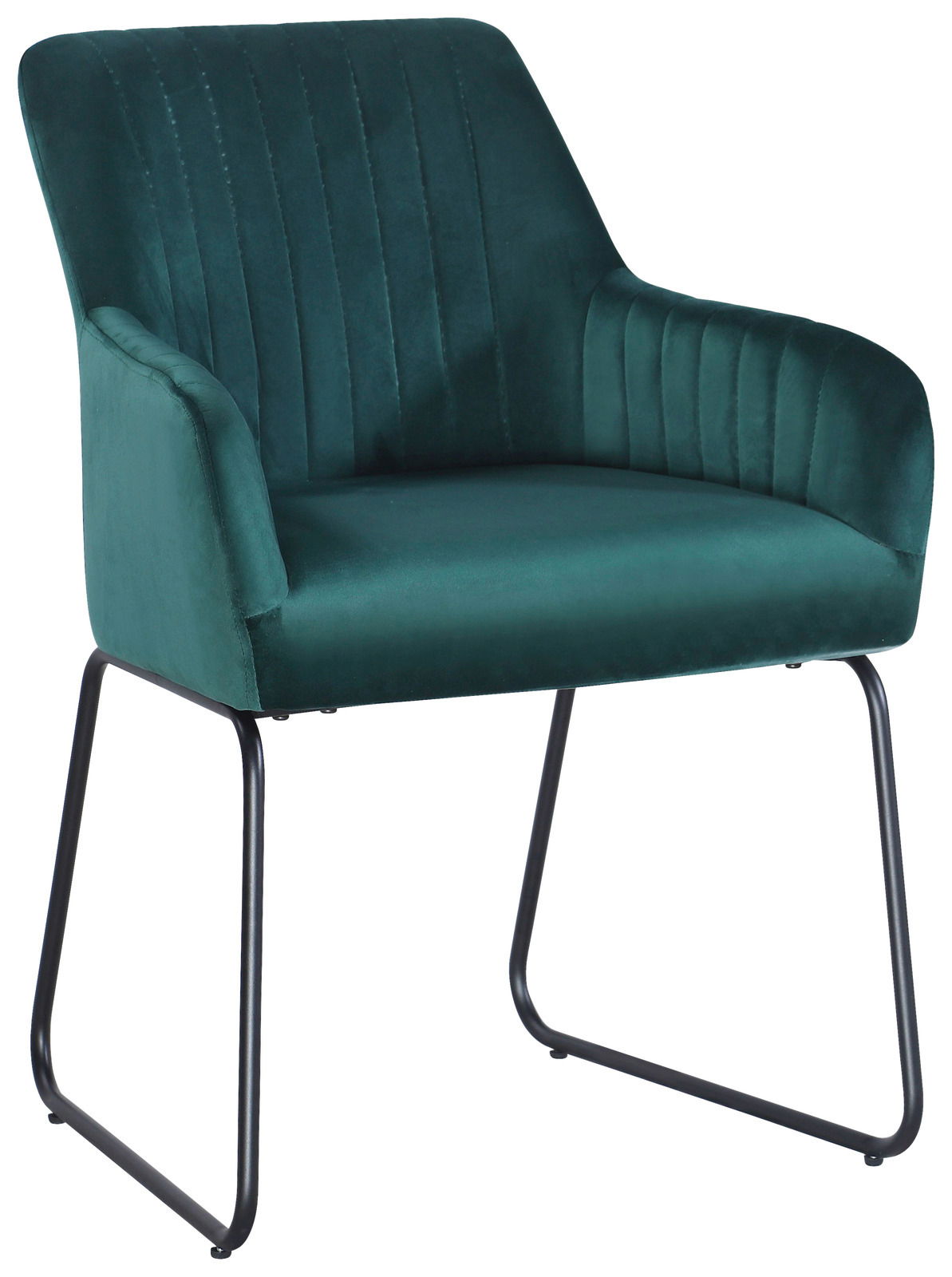 Grüner Armlehnstuhl SUNNY mit Samtbezug und schwarzen Metallbeinen, seitliche Perspektive