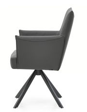 Moderner Armlehnstuhl in Seitenansicht mit schwarzem Lederbezug und Metallgestell.