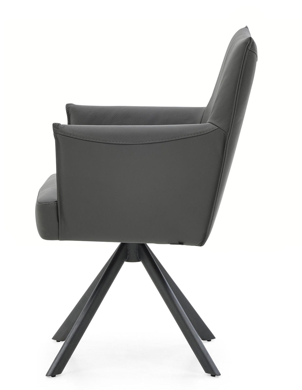 Moderner Armlehnstuhl in Seitenansicht mit schwarzem Lederbezug und Metallgestell.