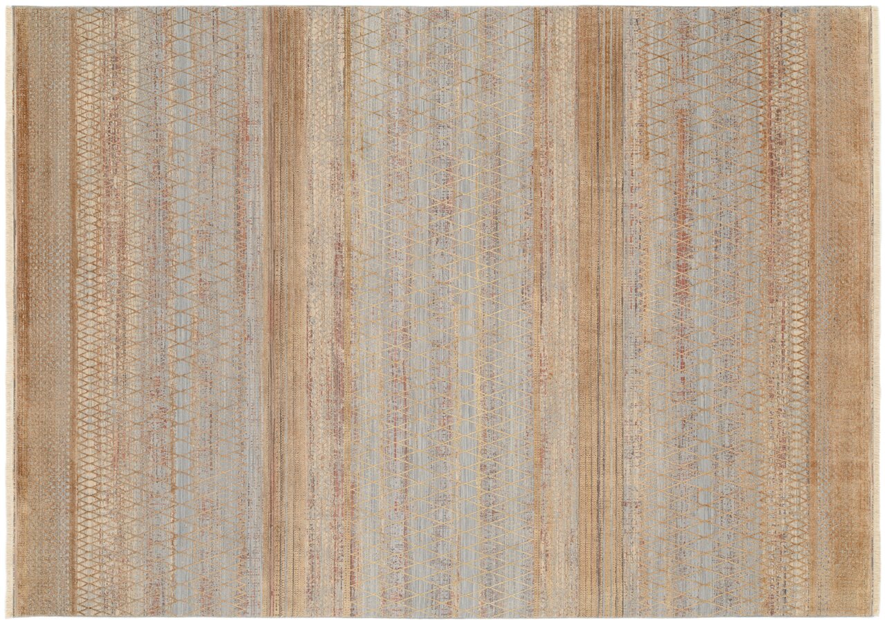 Designer Teppich mit geometrischem Muster in Beige- und Blautönen, Draufsicht