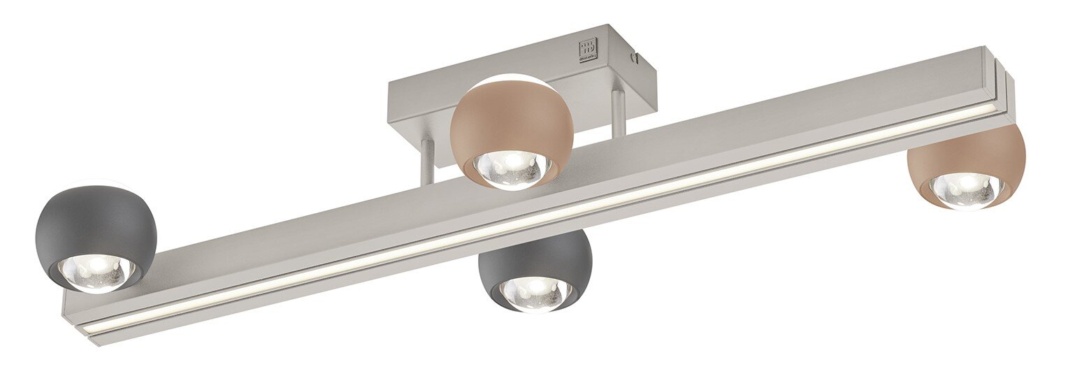 Moderne plafondlamp met vier bolvormige spotjes in verschillende kleuren, zijaanzicht