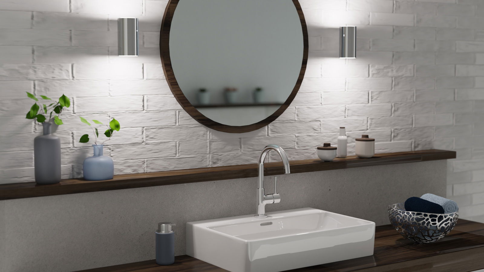 Moderne Waschtischarmatur in einem stilvollen Badezimmer mit runder Spiegelansicht.