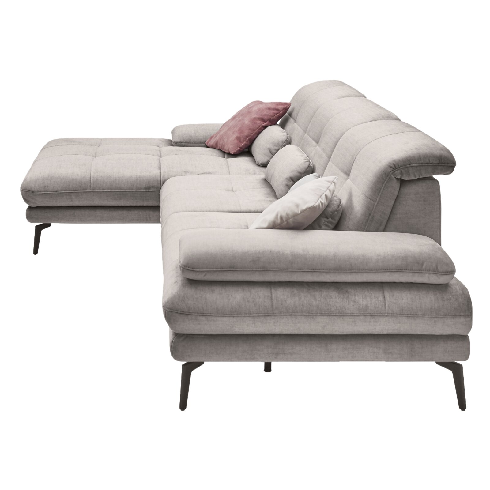 Graues Ecksofa mit mehreren Kissen, seitliche Perspektive