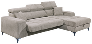 Graues Ecksofa mit verstellbaren Kopfstützen und modernen Metallfüßen, Perspektive von vorne links