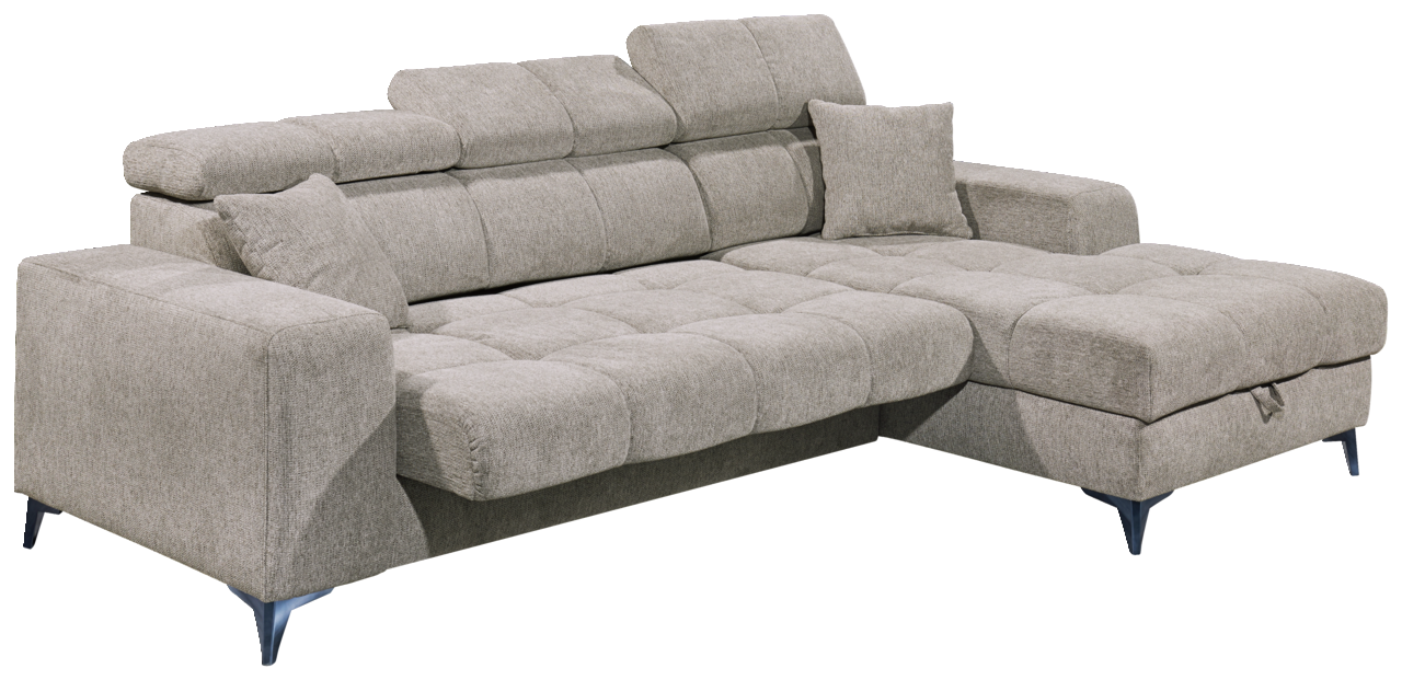 Graues Ecksofa mit verstellbaren Kopfstützen und modernen Metallfüßen, Perspektive von vorne links