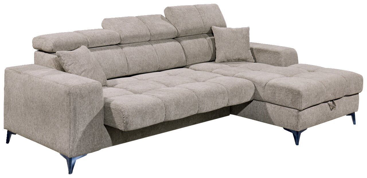 Z2 Hoekbank SYDNEY Graues Ecksofa mit verstellbaren Kopfstützen und modernen Metallfüßen, Perspektive von vorne links