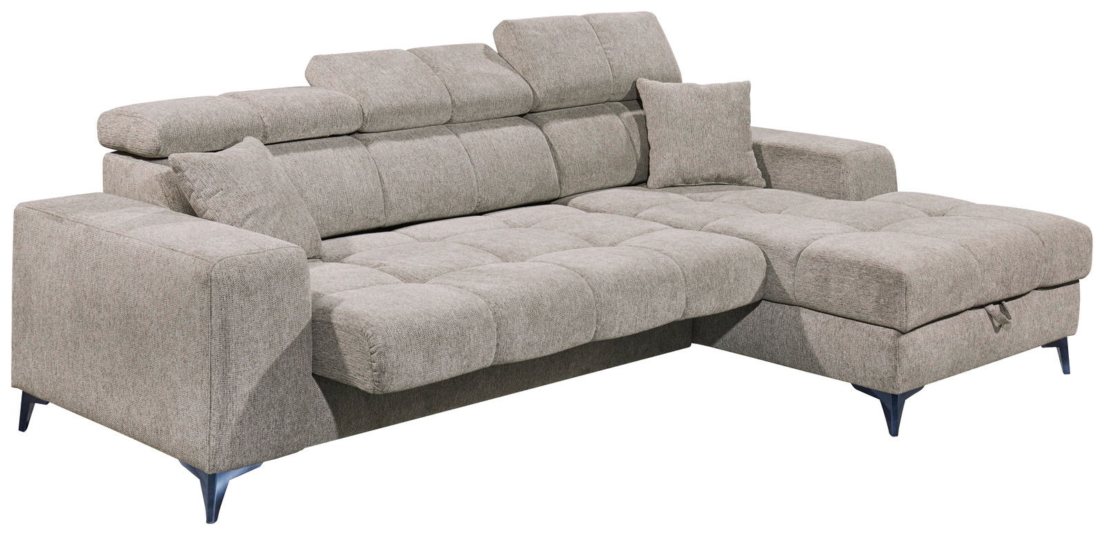 Graues Ecksofa mit verstellbaren Kopfstützen und modernen Metallfüßen, Perspektive von vorne links