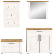 Garderobenkombination VERONA bestehend aus einem Wandpaneel mit Haken, einem Spiegel, einem Schuhschrank und einem Kommodenschrank, alle in heller Holzoptik mit dunkler Holzoberfläche, Frontalansicht.