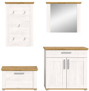 Garderobenkombination VERONA bestehend aus einem Wandpaneel mit Haken, einem Spiegel, einem Schuhschrank und einem Kommodenschrank, alle in heller Holzoptik mit dunkler Holzoberfläche, Frontalansicht.