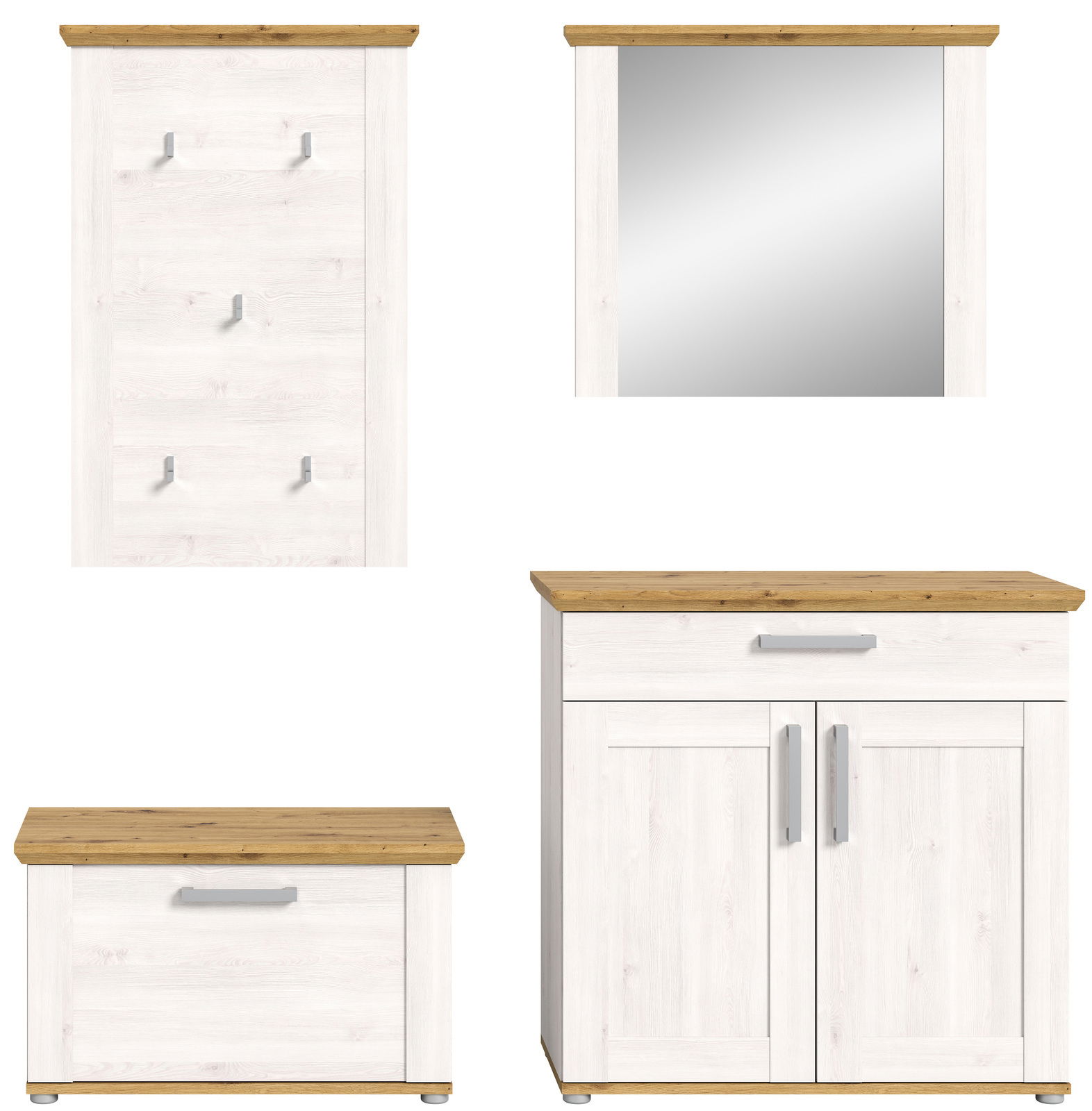 Garderobenkombination VERONA bestehend aus einem Wandpaneel mit Haken, einem Spiegel, einem Schuhschrank und einem Kommodenschrank, alle in heller Holzoptik mit dunkler Holzoberfläche, Frontalansicht.