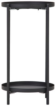 Schwarze Blumensäule oder Beistelltisch aus Metall, frontal betrachtet, mit zwei runden Ablageflächen.