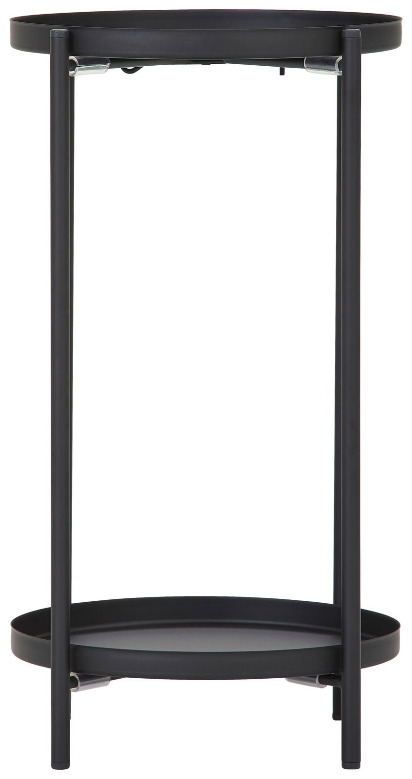 Schwarze Blumensäule oder Beistelltisch aus Metall, frontal betrachtet, mit zwei runden Ablageflächen.