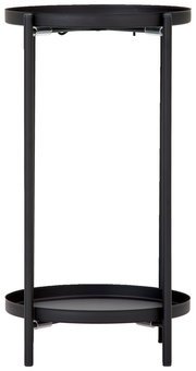 Schwarze Blumensäule oder Beistelltisch aus Metall, frontal betrachtet, mit zwei runden Ablageflächen.