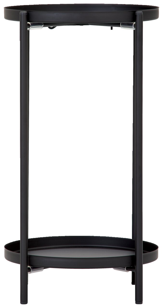 Schwarze Blumensäule oder Beistelltisch aus Metall, frontal betrachtet, mit zwei runden Ablageflächen.