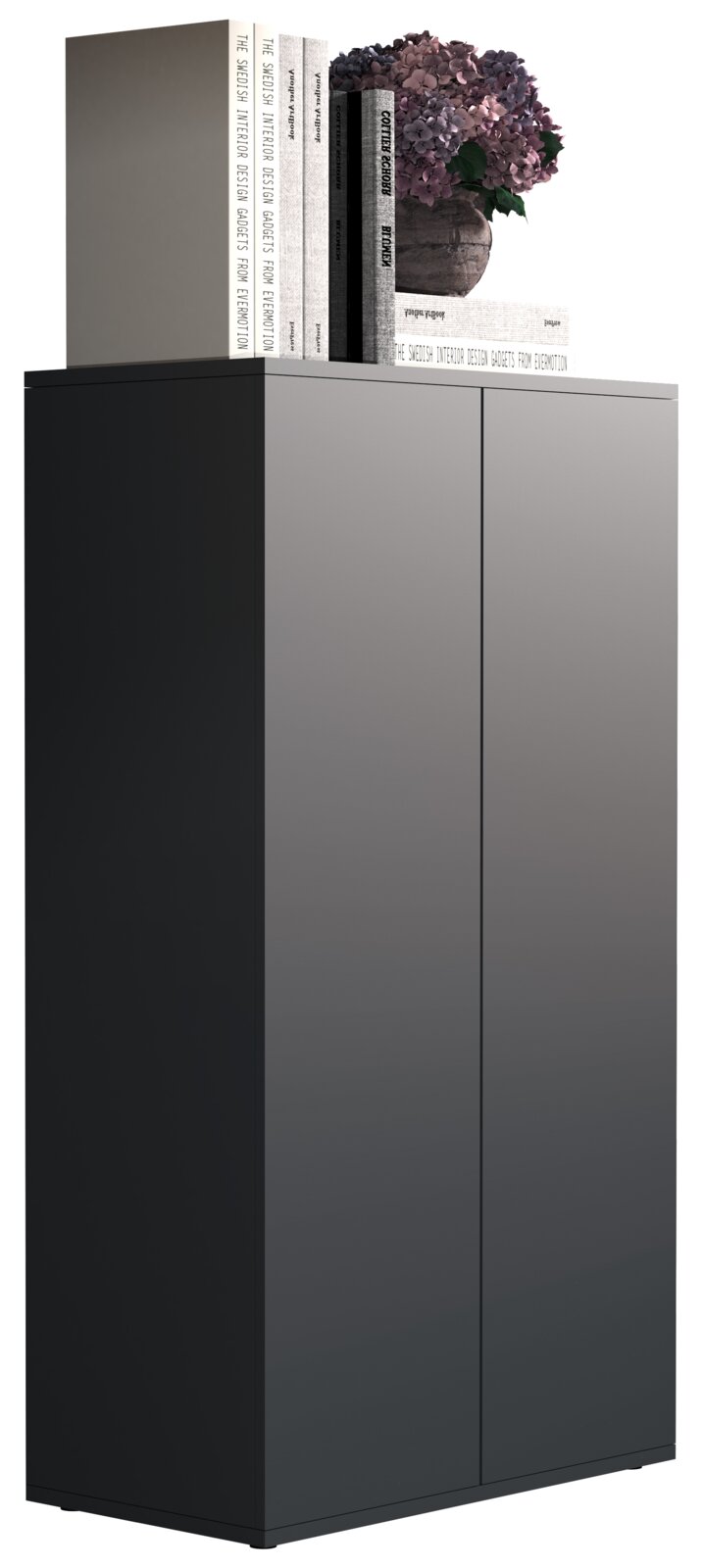 Modernes, hohes Sideboard/Schrank mit zwei grifflosen Türen in Schwarz-Grau, oben mit Büchern und Blumenvase dekoriert, in schräger Frontansicht von links vor weißem Hintergrund