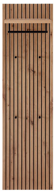 Garderoben-Set Schilf aus Holz mit vertikalen Streifen, schwarzer Kleiderstange und Ablage, Frontalansicht