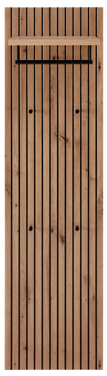 Garderoben-Set Schilf aus Holz mit vertikalen Streifen, schwarzer Kleiderstange und Ablage, Frontalansicht