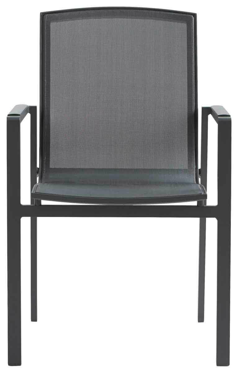 Moderner schwarzer Stapelsessel aus Metall mit Netzbespannung, Vorderansicht