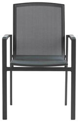 Moderner schwarzer Stapelsessel aus Metall mit Netzbespannung, Vorderansicht