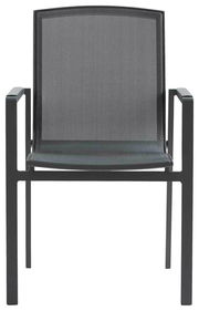 Moderner schwarzer Stapelsessel aus Metall mit Netzbespannung, Vorderansicht