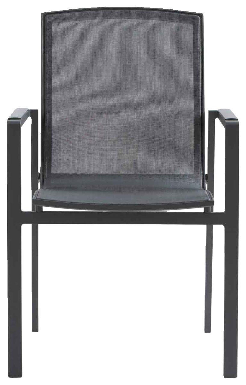 Moderner schwarzer Stapelsessel aus Metall mit Netzbespannung, Vorderansicht