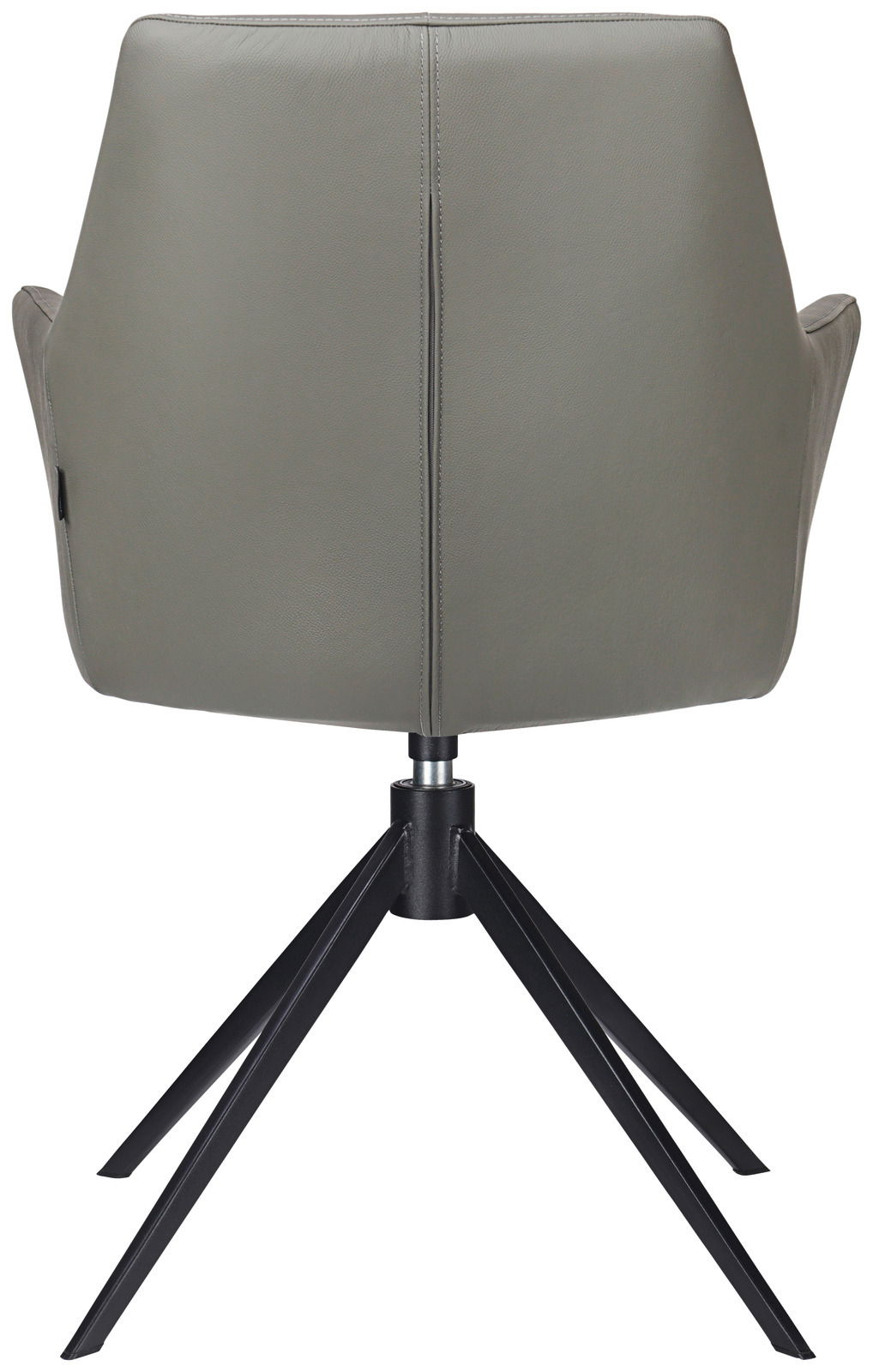 Rückansicht eines modernen Armlehnstuhls mit grauem Bezug und schwarzem Metallgestell.