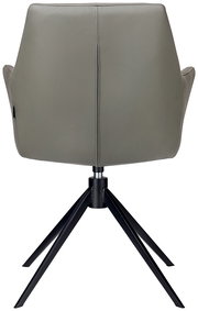 Rückansicht eines modernen Armlehnstuhls mit grauem Bezug und schwarzem Metallgestell.