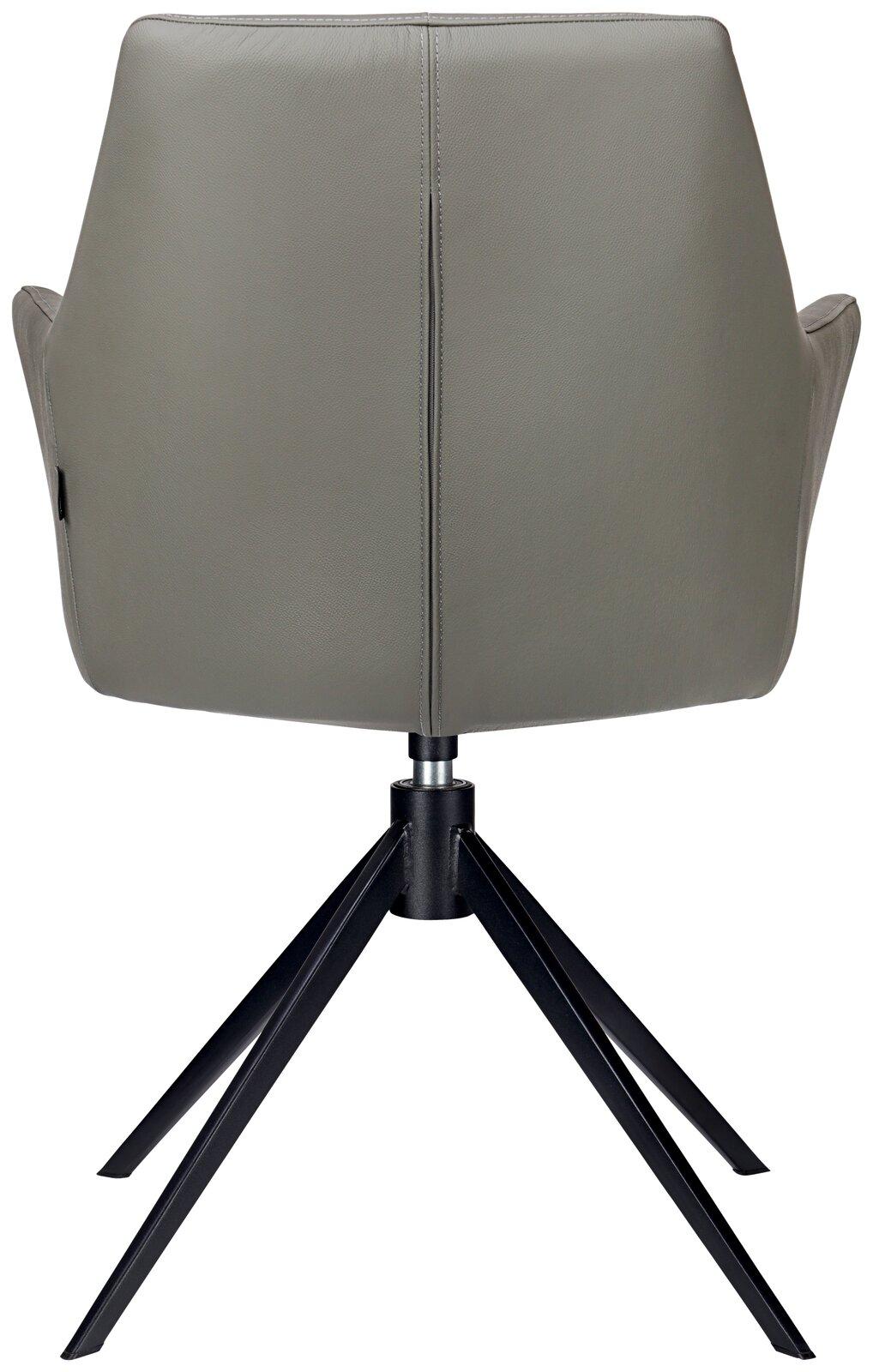 Rückansicht eines modernen Armlehnstuhls mit grauem Bezug und schwarzem Metallgestell.