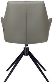 Rückansicht eines modernen Armlehnstuhls mit grauem Bezug und schwarzem Metallgestell.