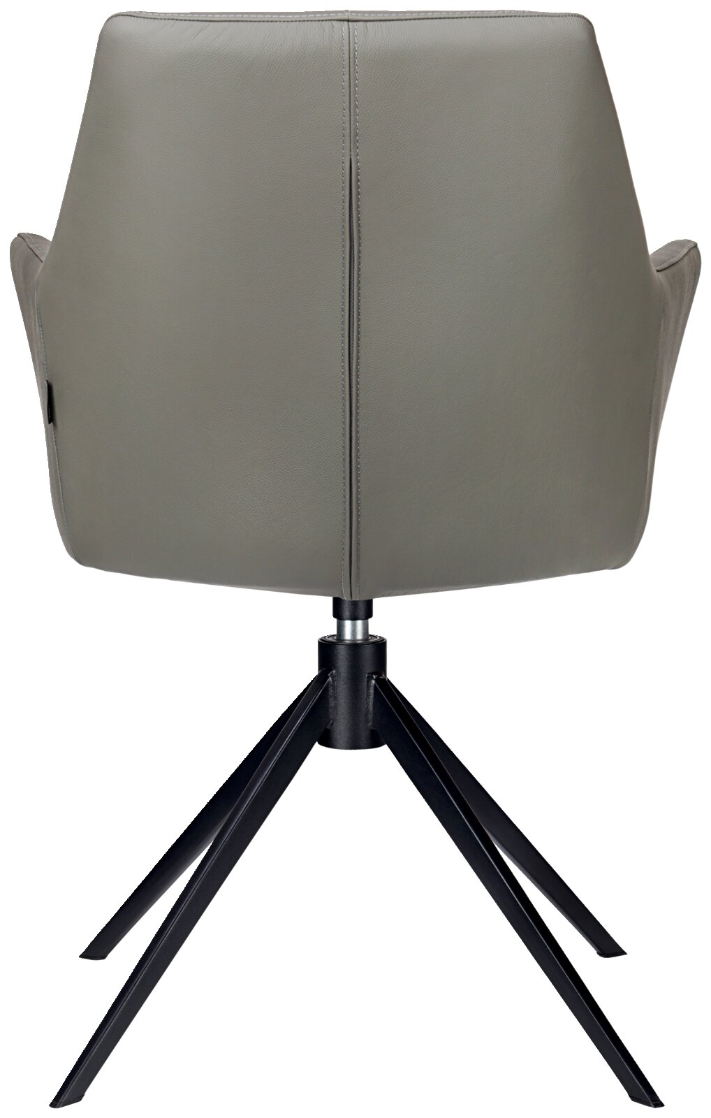 Rückansicht eines modernen Armlehnstuhls mit grauem Bezug und schwarzem Metallgestell.