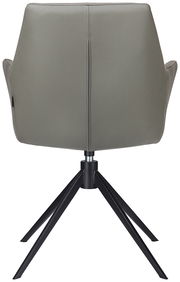 Rückansicht eines modernen Armlehnstuhls mit grauem Bezug und schwarzem Metallgestell.