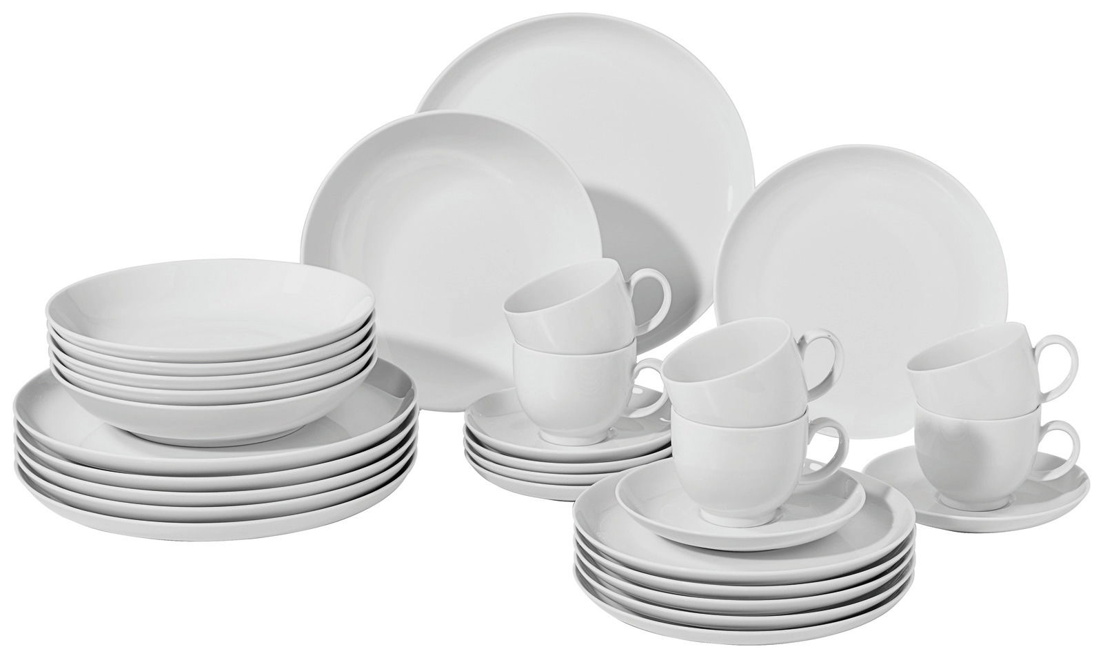 Kombiservice Lido Weiß 30-teilig, bestehend aus Tellern, Schalen und Tassen, aus der Vorderansicht fotografiert