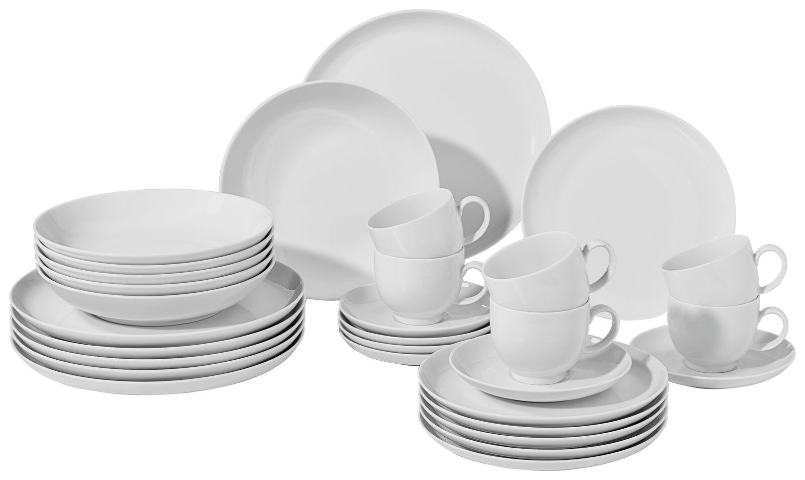 Seltmann Weiden Kombiservice Weiß 30tlg LIDO Kombiservice Lido Weiß 30-teilig, bestehend aus Tellern, Schalen und Tassen, aus der Vorderansicht fotografiert