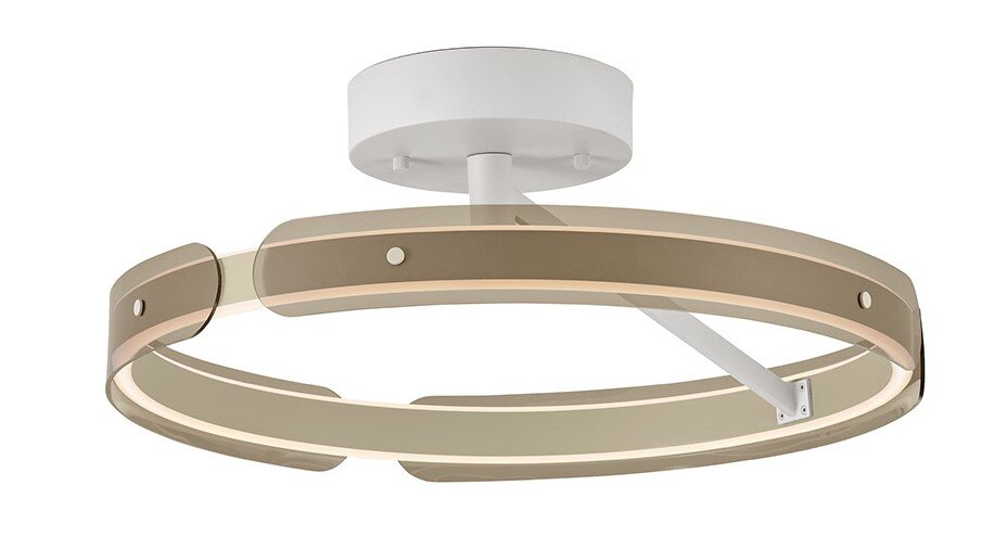 Musterring LED-Deckenleuchte VALERIA Moderne runde LED-Deckenleuchte in Ringform mit weißer Deckenhalterung und beige/goldenem Rahmen, schräg von unten in Frontansicht freigestellt auf weißem Hintergrund