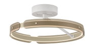 Moderne runde LED-Deckenleuchte in Ringform mit weißer Deckenhalterung und beige/goldenem Rahmen, schräg von unten in Frontansicht freigestellt auf weißem Hintergrund