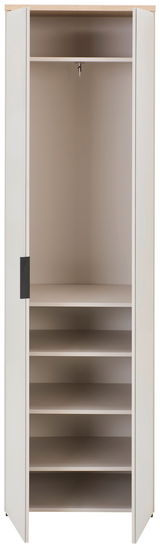 Offener Garderobenschrank mit mehreren Regalböden und Kleiderstange, Frontalansicht