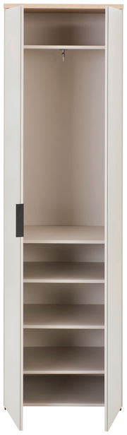 Offener Garderobenschrank mit mehreren Regalböden und Kleiderstange, Frontalansicht