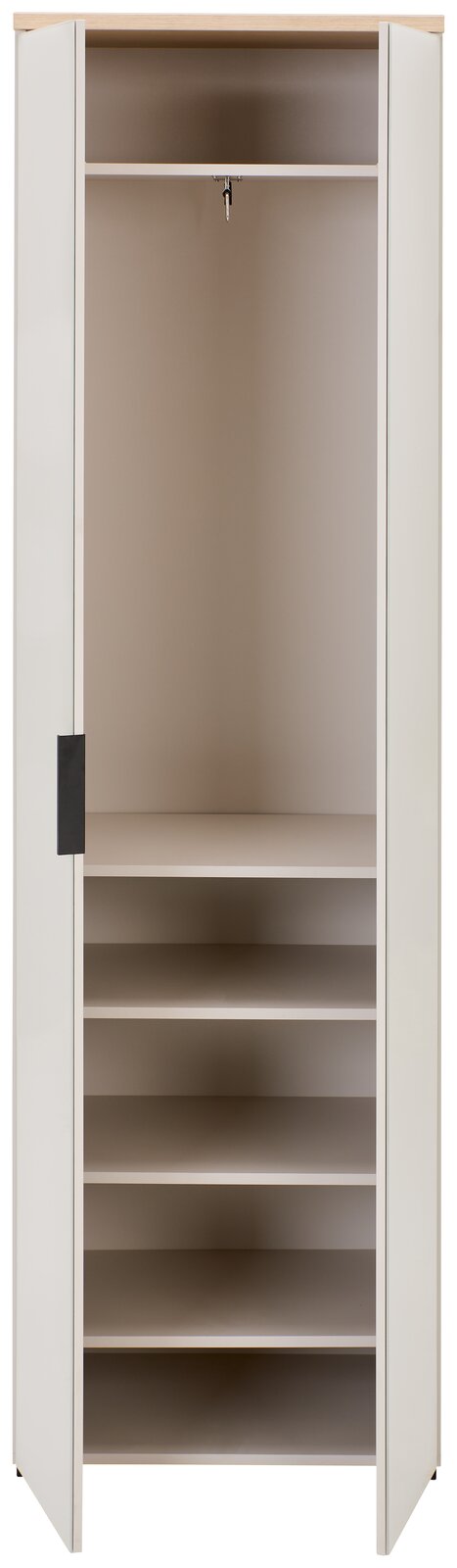 Offener Garderobenschrank mit mehreren Regalböden und Kleiderstange, Frontalansicht