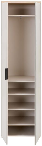 Offener Garderobenschrank mit mehreren Regalböden und Kleiderstange, Frontalansicht