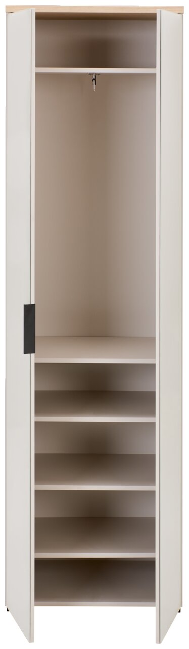 Offener Garderobenschrank mit mehreren Regalböden und Kleiderstange, Frontalansicht