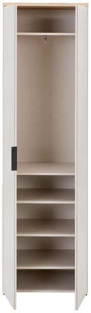 Offener Garderobenschrank mit mehreren Regalböden und Kleiderstange, Frontalansicht