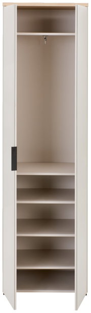 Offener Garderobenschrank mit mehreren Regalböden und Kleiderstange, Frontalansicht