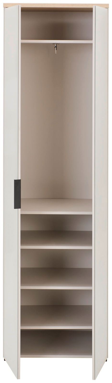 Offener Garderobenschrank mit mehreren Regalböden und Kleiderstange, Frontalansicht