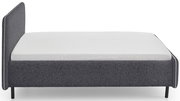 Seitliche Ansicht eines grauen Polsterbetts mit weißer Matratze, schlichtes Design.