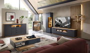 Moderne Wohnzimmer-Wandkombination in dunklem Holz und Grau, mit TV-Schrank, Vitrine und Regal, aus der Perspektive eines gemütlichen Wohnzimmers mit großen Fenstern.