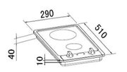Isometrische Perspektive: Technische Zeichnung eines zweiflammigen Einbaukochfelds mit zwei runden Kochzonen und Maßangaben 290 x 510 mm, Einbauhöhe ca. 40 mm und Randüberstand ca. 10 mm.