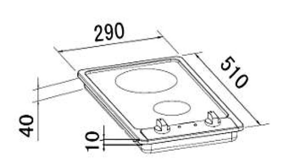 Isometrische Perspektive: Technische Zeichnung eines zweiflammigen Einbaukochfelds mit zwei runden Kochzonen und Maßangaben 290 x 510 mm, Einbauhöhe ca. 40 mm und Randüberstand ca. 10 mm.