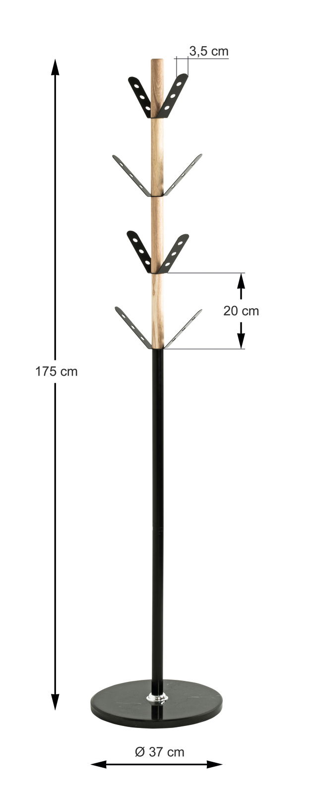 Moderner Garderobenständer aus Holz und Metall, frontal abgebildet, mit mehreren Haken und stabiler Basis.